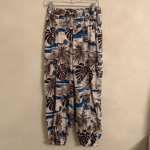 C&C Tropical Print 2pc Set Top Crop/ Joggers Cargo Style Linen Blend Size S - Picture 9 of 15